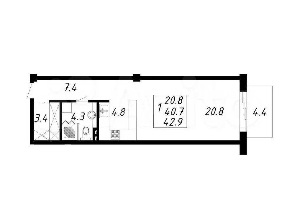 1-к. квартира, 42,9 м, 2/8 эт. - Фото 0