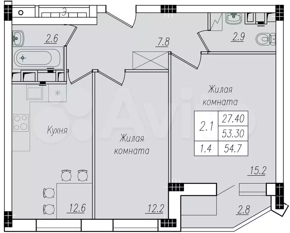 2-к. квартира, 54,7 м, 1/10 эт. - Фото 1