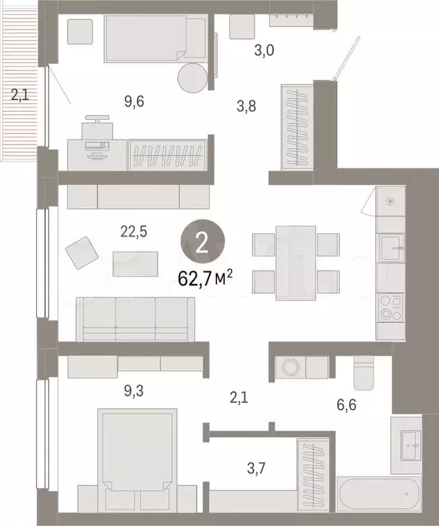 2-к. квартира, 62,7 м, 4/12 эт. - Фото 1