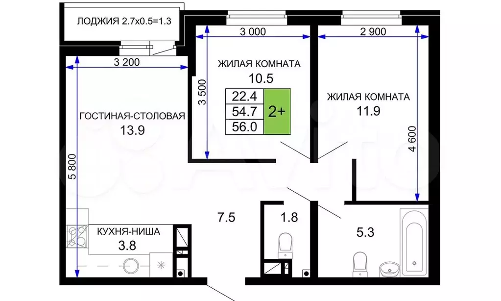 2-к. квартира, 56 м, 4/16 эт. - Фото 0