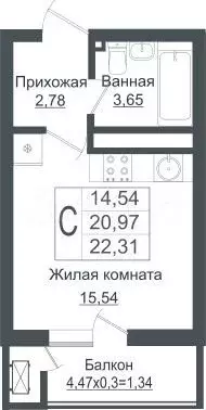 Квартира-студия, 22,3 м, 7/16 эт. - Фото 1