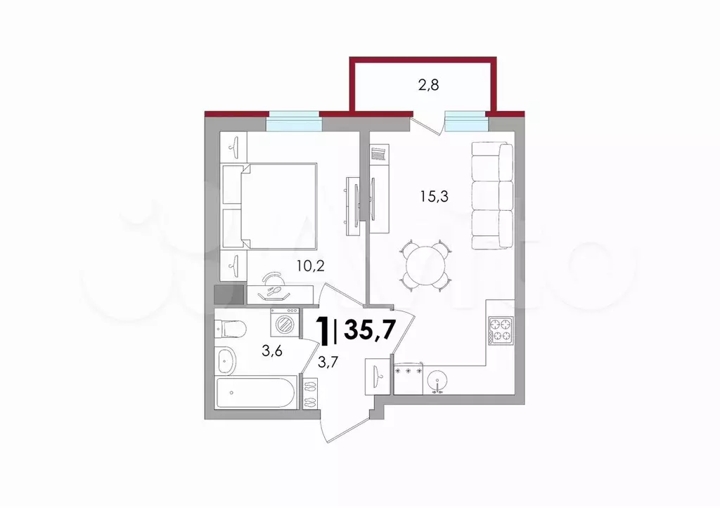 2-к. квартира, 35,7 м, 6/18 эт. - Фото 0