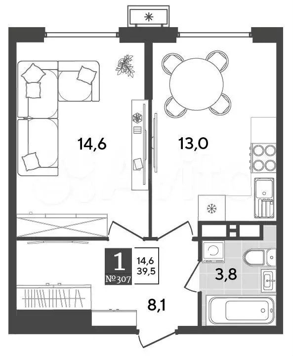 1-к. квартира, 39,5 м, 14/18 эт. - Фото 1