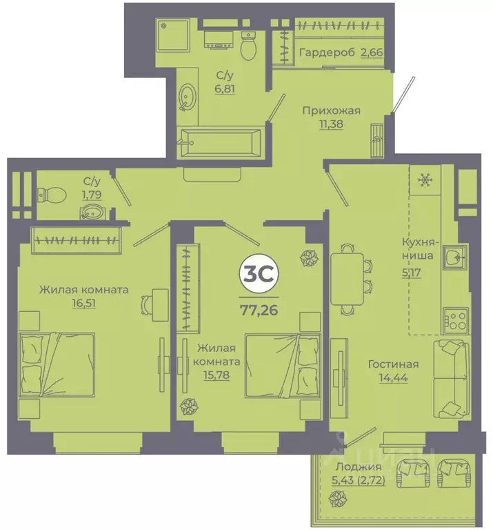 3-к кв. Ростовская область, Ростов-на-Дону ул. Еременко, 115 (77.4 м) - Фото 1
