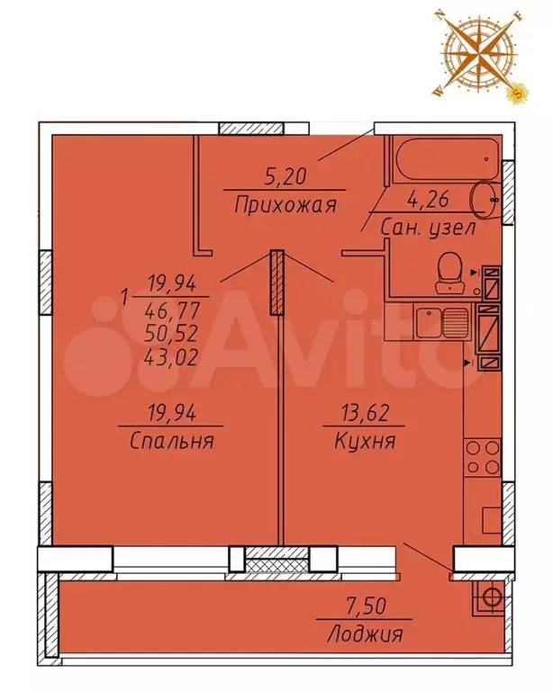 1-к. квартира, 51 м, 9/10 эт. - Фото 0