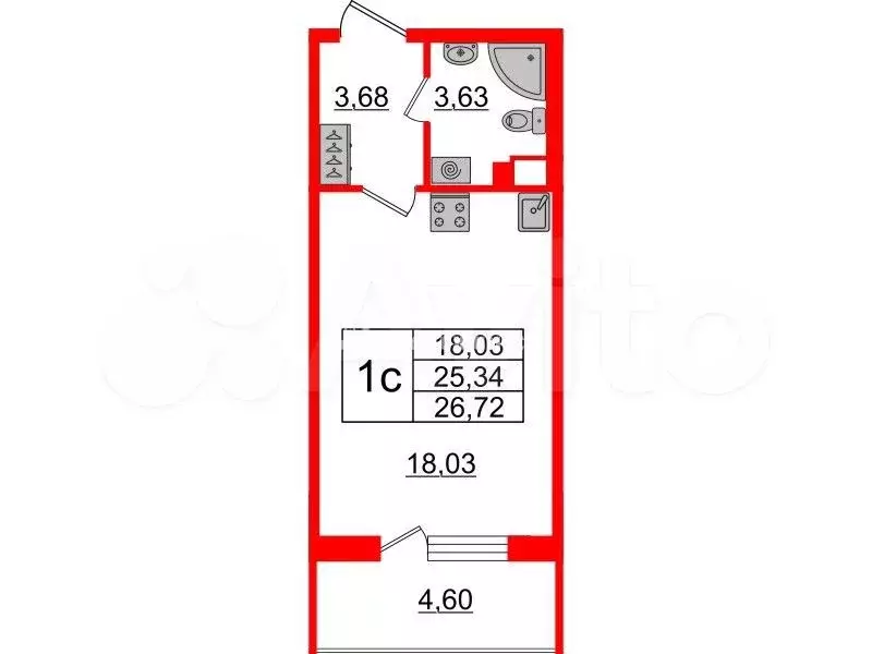 Квартира-студия, 25,3 м, 2/5 эт. - Фото 0