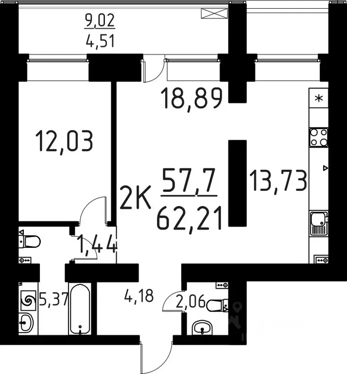 2-к кв. Томская область, Томск ул. Вершинина, 58к1 (62.21 м) - Фото 0