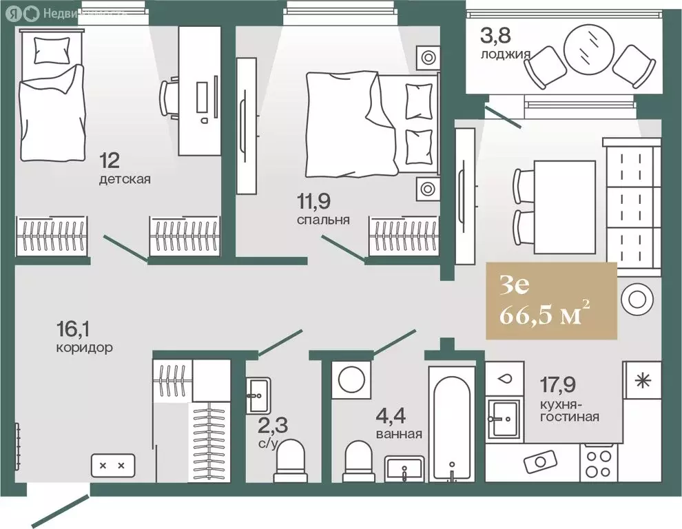 2-комнатная квартира: Тюмень, улица Игоря Комиссарова, 21 (66.51 м) - Фото 1