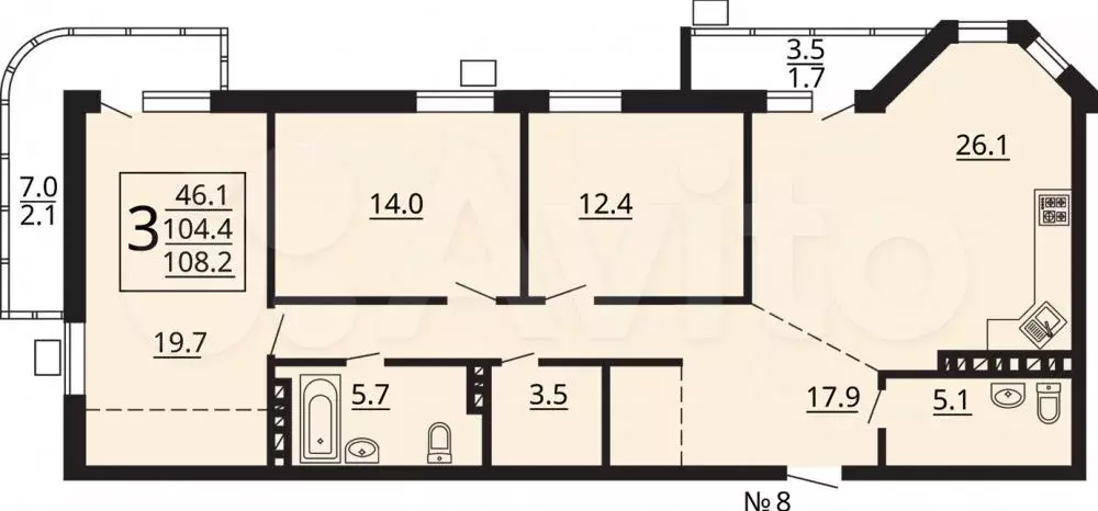 3-к. квартира, 108,2 м, 8/8 эт. - Фото 0