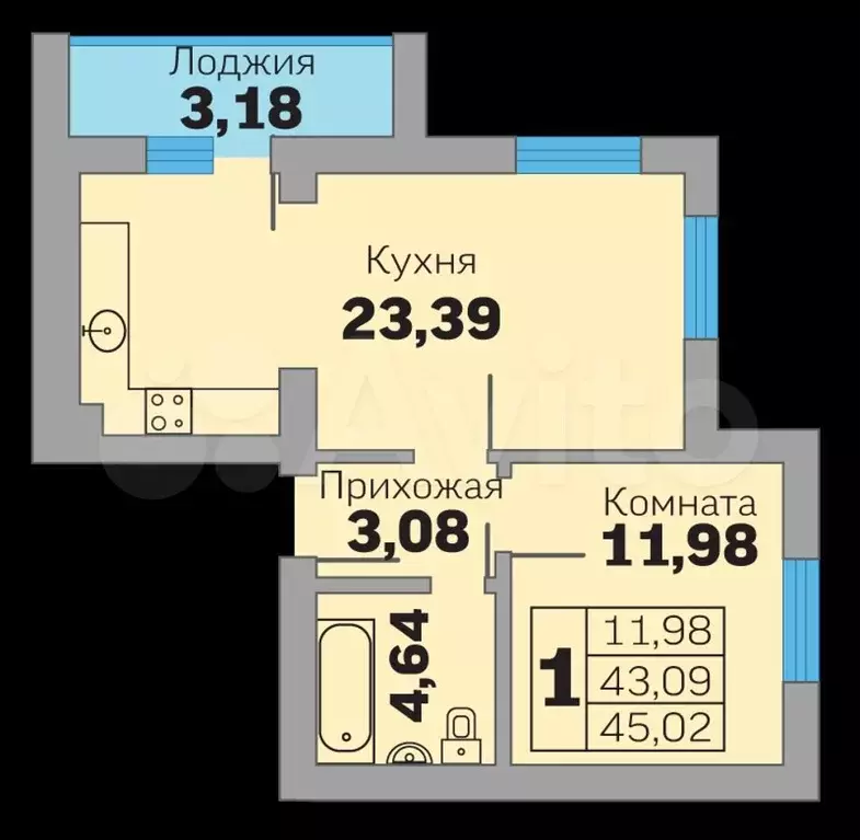 1-к. квартира, 45,1м, 7/9эт. - Фото 1