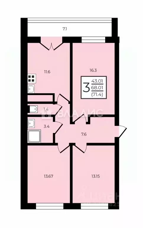 3-к кв. Воронежская область, Воронеж Цимлянская ул., 10В (71.4 м) - Фото 2