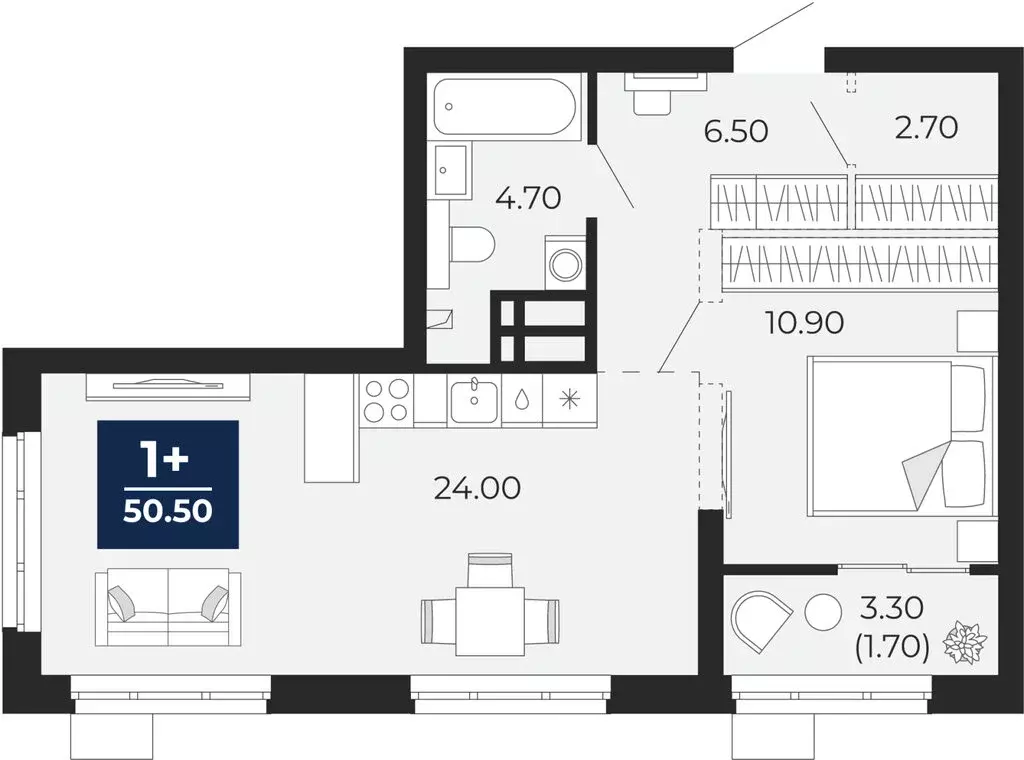 1-комнатная квартира: Тюмень, улица Пожарных и Спасателей, 2к1 (50.5 ... - Фото 1