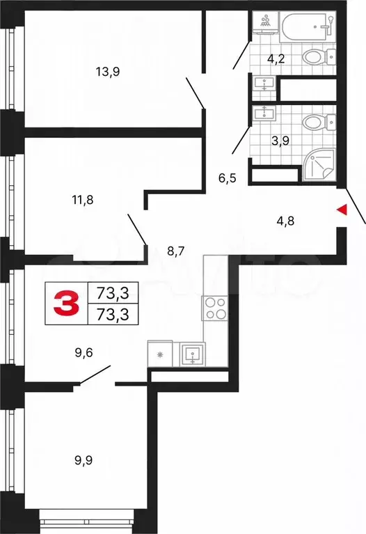 3-к. квартира, 73,3 м, 27/29 эт. - Фото 1