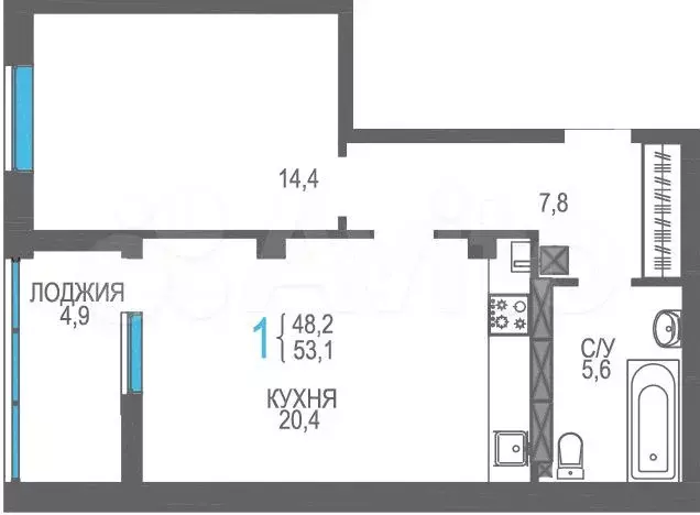 1-к. квартира, 53,1 м, 2/8 эт. - Фото 1