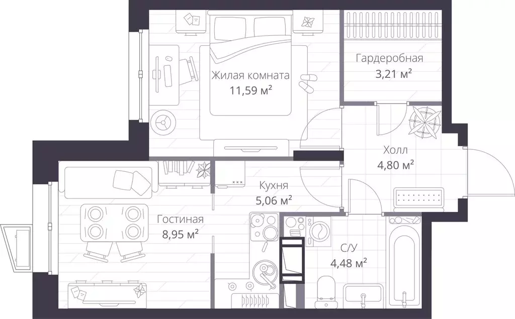 1-комнатная квартира: Сертолово, ЖК Верен Норт Сертолово (38.09 м) - Фото 0