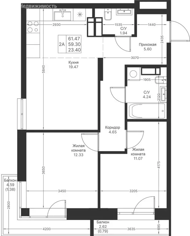 2-комнатная квартира: Казань, ЖК Мой Ритм (61.47 м) - Фото 1
