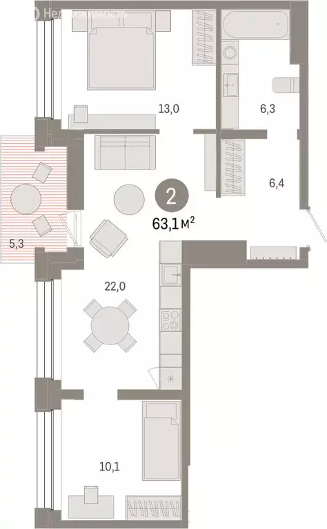 2-комнатная квартира: Тюмень, улица Муравленко, 9/2 (63.08 м) - Фото 1