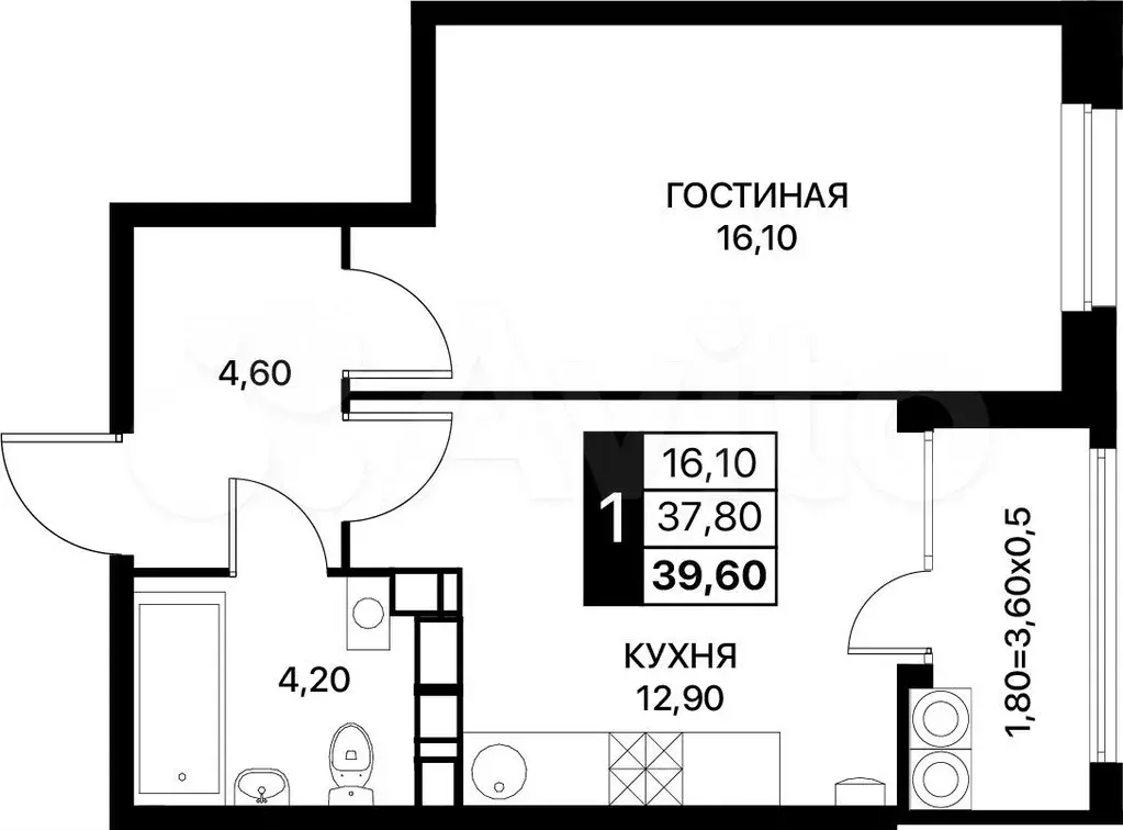 1-к. квартира, 39,6 м, 13/20 эт. - Фото 0