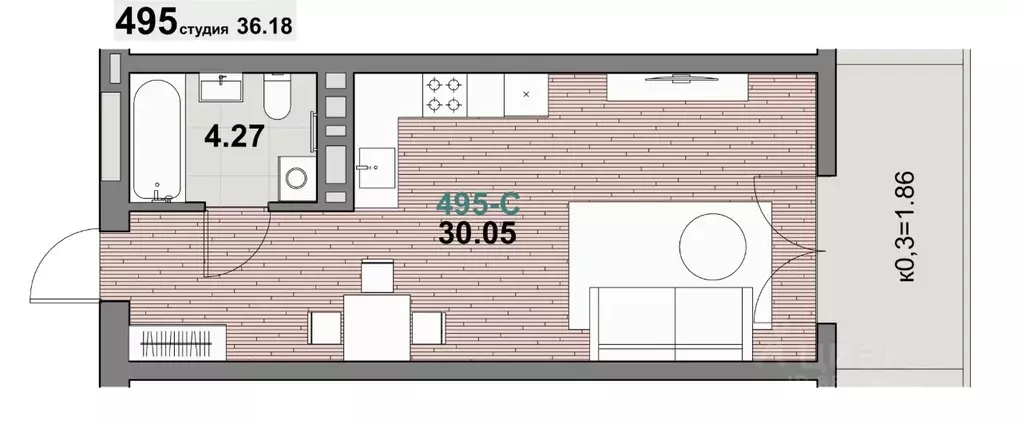 1-к кв. Калининградская область, Зеленоградск ул. Гагарина (36.18 м) - Фото 1