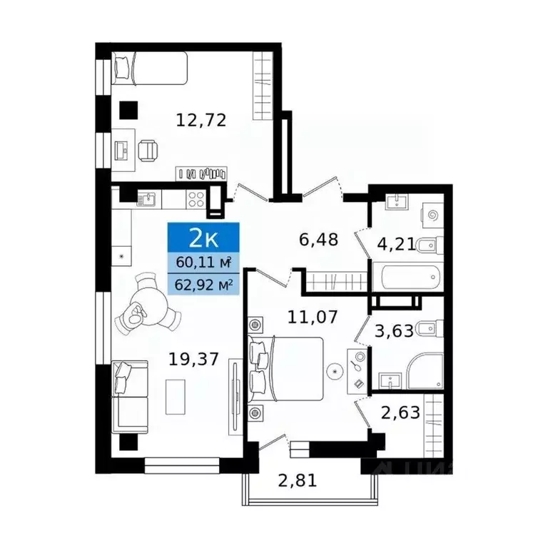 2-к кв. Курганская область, Курган просп. Конституции (62.92 м) - Фото 2