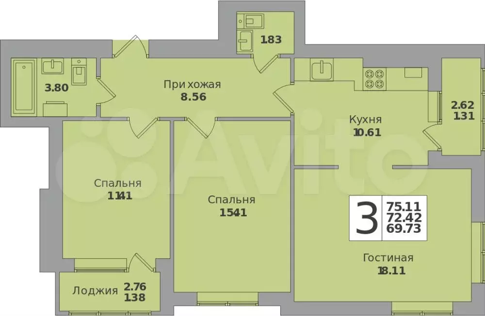 3-к. квартира, 75,1 м, 7/8 эт. - Фото 1