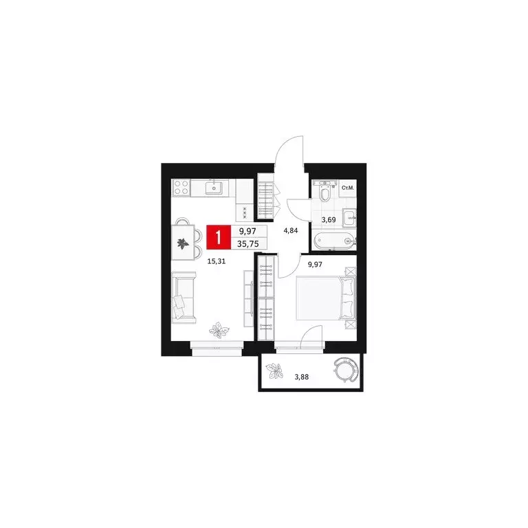 1-комнатная квартира: Уфа, Большая Московская улица, 11 (35.75 м) - Фото 1