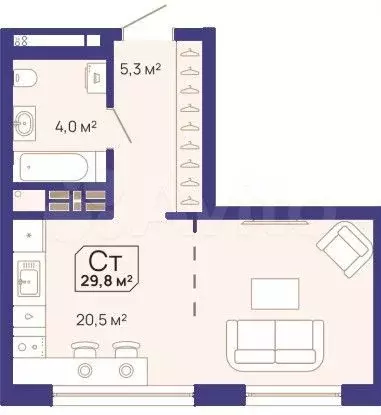 Квартира-студия, 29,8 м, 5/15 эт. - Фото 1