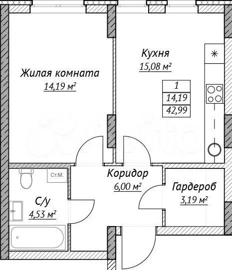 1-к. квартира, 43 м, 2/14 эт. - Фото 0