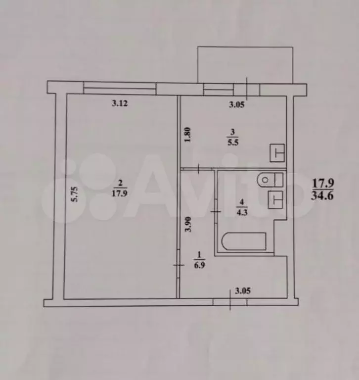 1-к. квартира, 34,6 м, 2/5 эт. - Фото 1