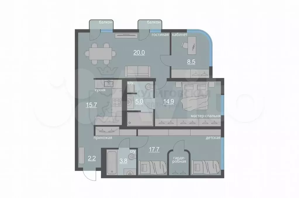 3-к. квартира, 90,5 м, 4/9 эт. - Фото 0