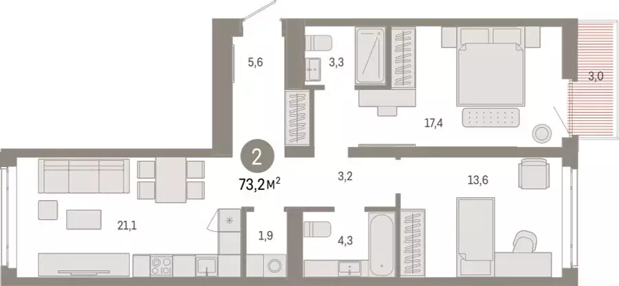2-комнатная квартира: Тюмень, Ленинский округ (73.18 м) - Фото 1