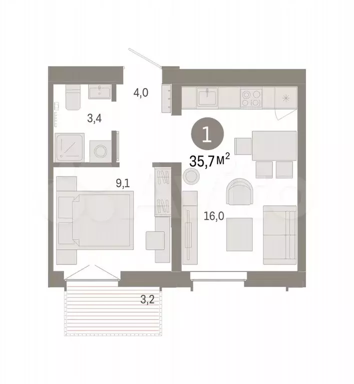 1-к. квартира, 35,7 м, 7/9 эт. - Фото 0
