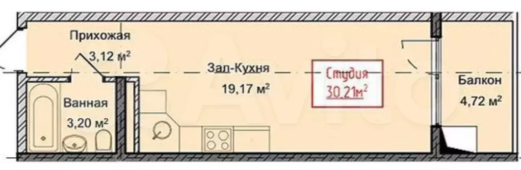 Квартира-студия, 30,2 м, 12/13 эт. - Фото 1