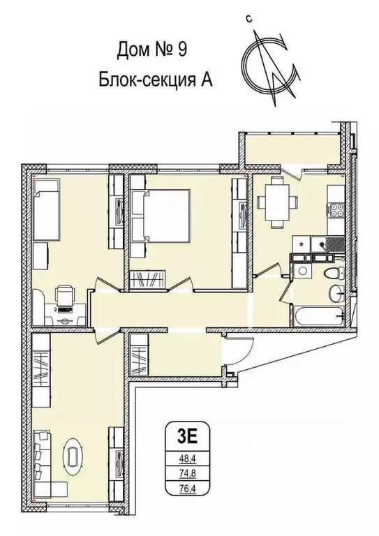 3-к кв. Кемеровская область, Кемерово 55-й мкр, 9 (76.4 м) - Фото 0