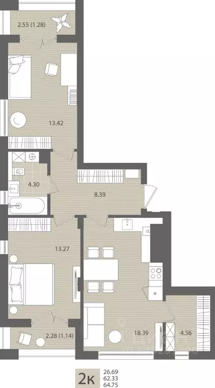 2-к кв. Калининградская область, Пионерский пос. Рыбное,  (64.75 м) - Фото 1