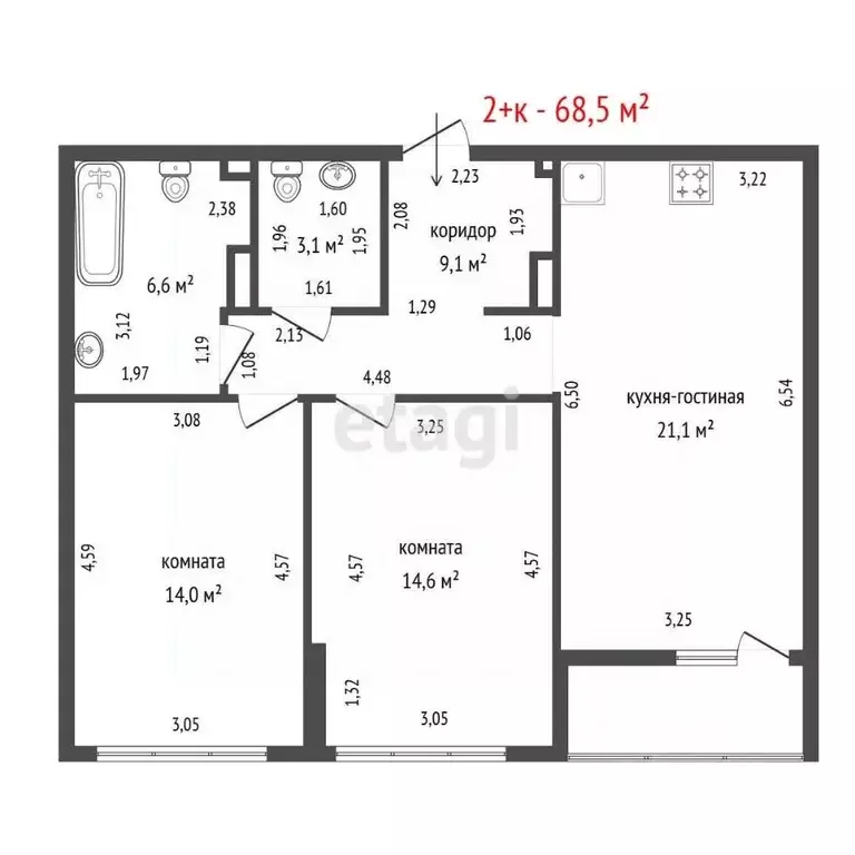 2-к кв. Свердловская область, Екатеринбург ул. Московская, 194 (68.5 ... - Фото 1