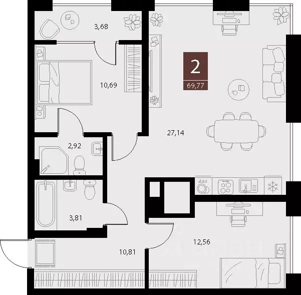 2-к кв. Рязанская область, Рязань ул. Бирюзова, 20с1 (69.77 м) - Фото 1