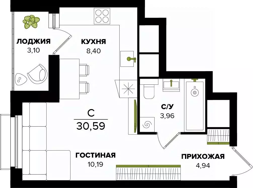 Студия Тульская область, Тула  (30.59 м) - Фото 0