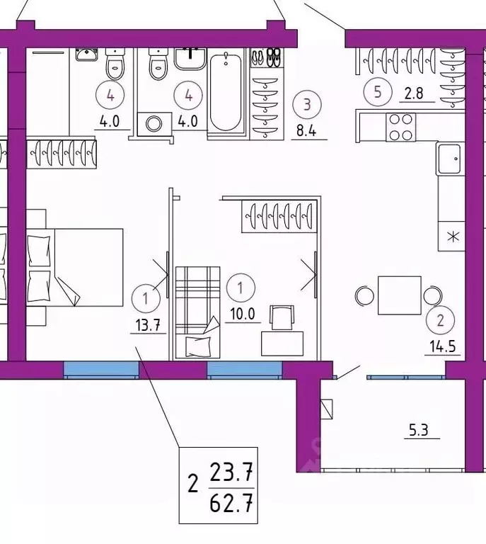 2-к кв. Брянская область, Брянск ул. Некрасова, 20А (62.7 м) - Фото 1