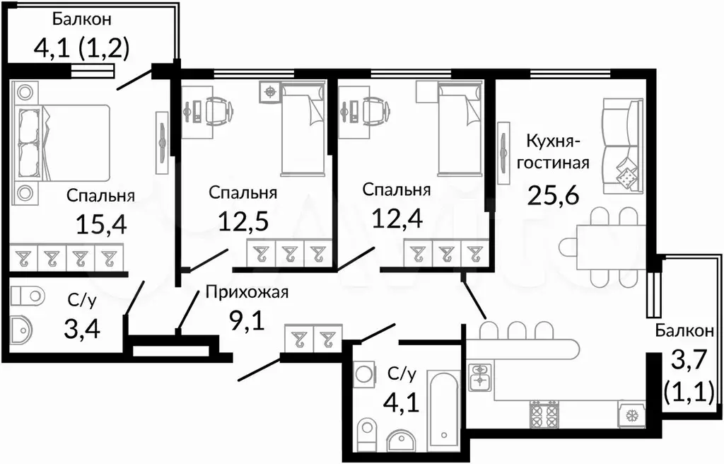 3-к. квартира, 84,8 м, 11/16 эт. - Фото 1