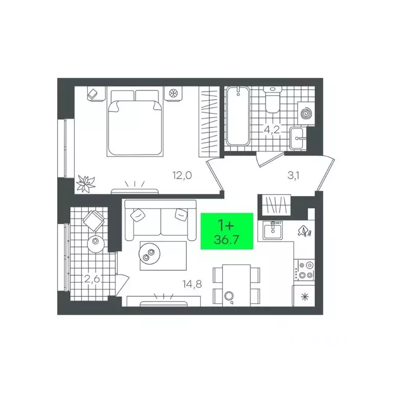 1-к кв. Тюменская область, Тюмень Комарово Парк жилрайон,  (36.7 м) - Фото 1