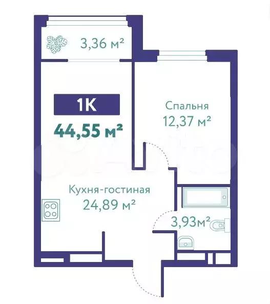 1-к. квартира, 44,9 м, 2/10 эт. - Фото 1