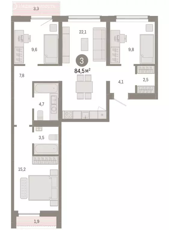 3-комнатная квартира: Новосибирск, Большевистская улица, с49 (84.54 м) - Фото 1