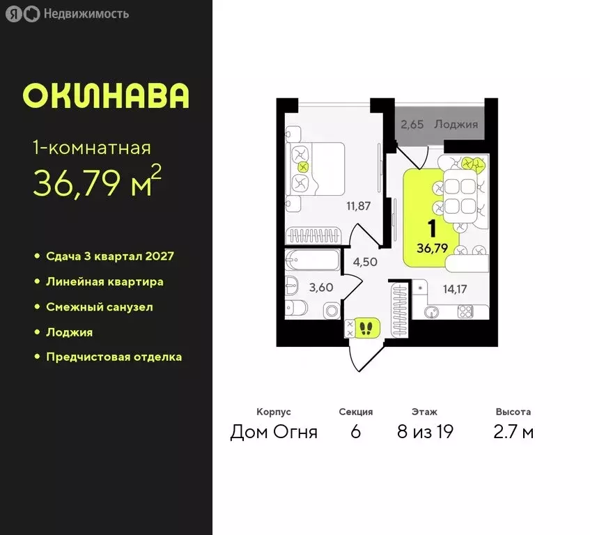 1-комнатная квартира: Тюмень, жилой комплекс Окинава (36.79 м) - Фото 0