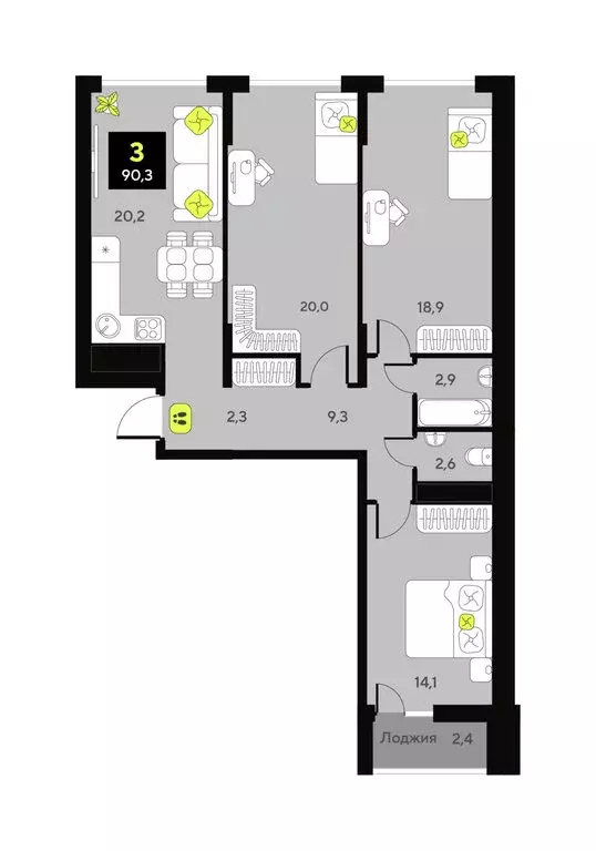 3-комнатная квартира: Тюмень, улица Пожарных и Спасателей, 16 (90.3 м) - Фото 1