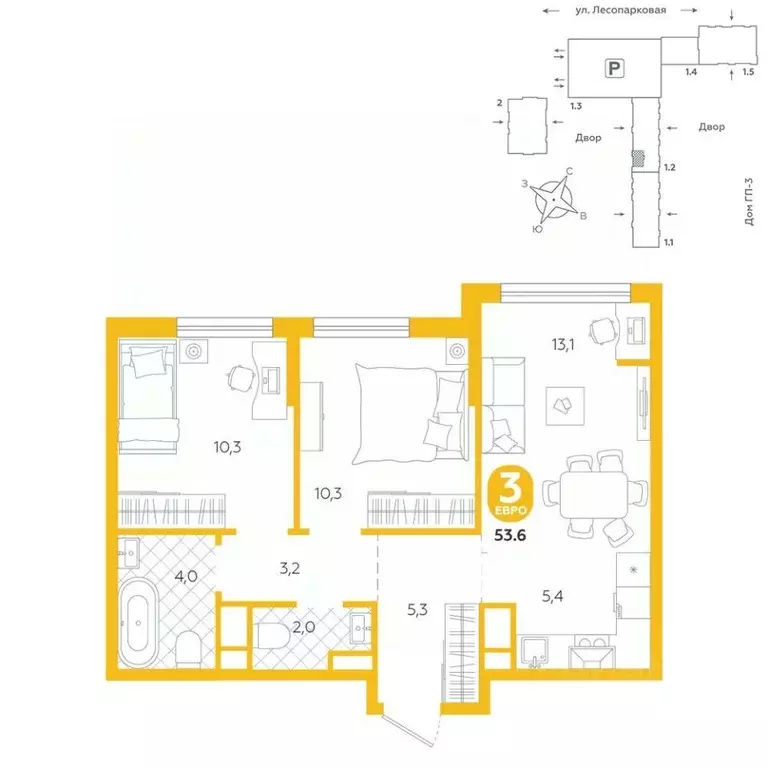 3-к кв. Тюменская область, Тюмень ул. Лесопарковая, 22 (53.6 м) - Фото 0