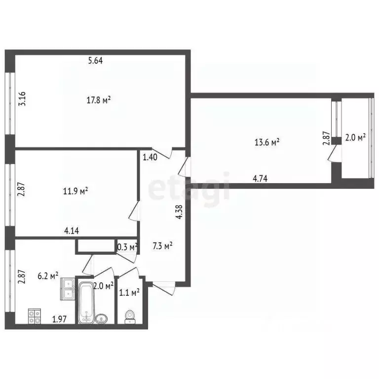 3-к кв. Санкт-Петербург ул. Турку, 10К1 (60.3 м) - Фото 1