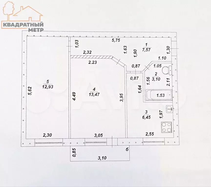 2-к. квартира, 43,5 м, 4/5 эт. - Фото 0