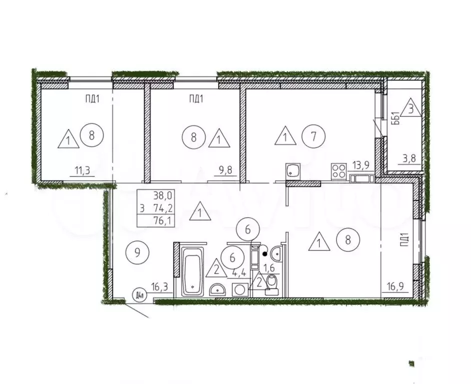 3-к. квартира, 76 м, 7/9 эт. - Фото 0