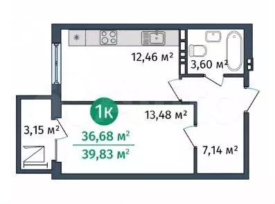 1-к. квартира, 36 м, 9/9 эт. - Фото 1